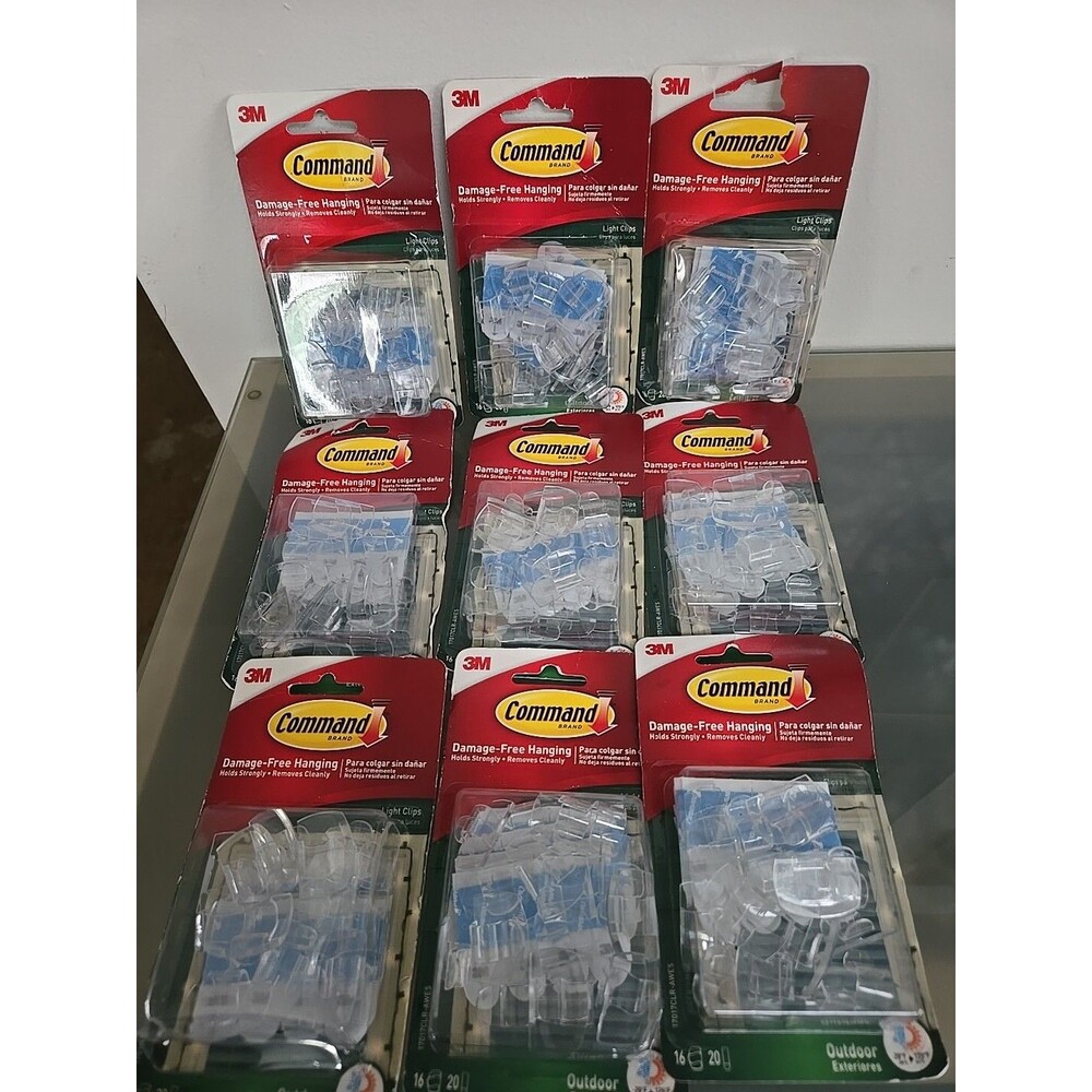 9 pks Lot Command 16 Indoor Outdoor Light Cord Clips & Adhesive (17017CLR-AWES)